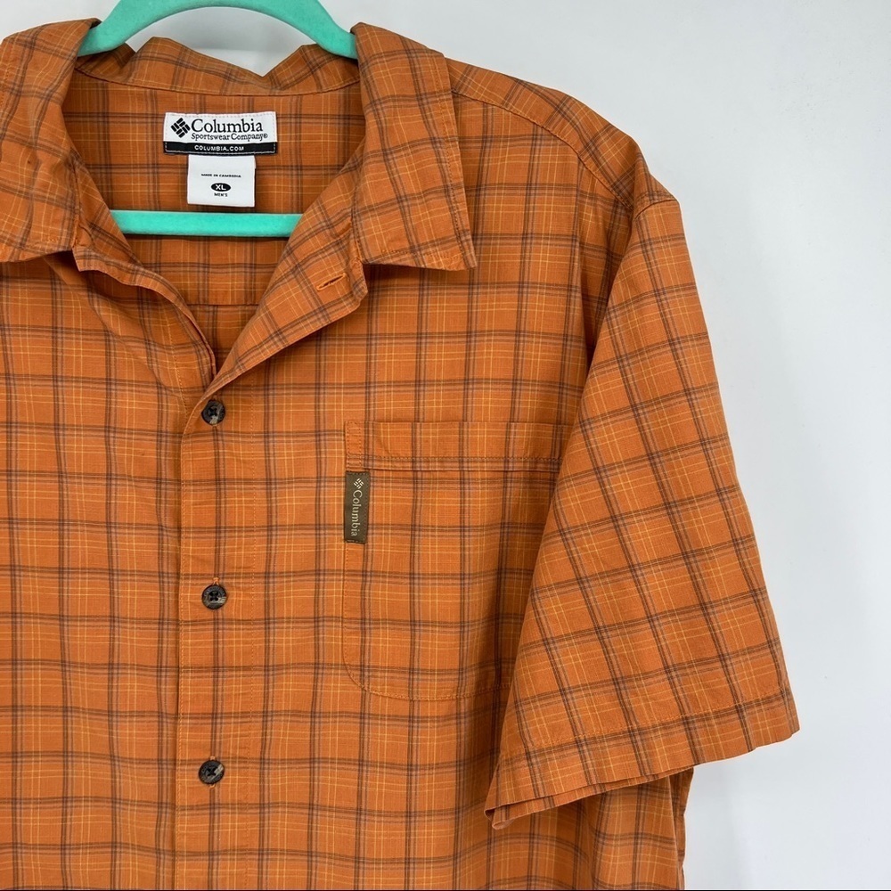 Columbia Mens Shirt Shirt Sleeve Button Down Burnt Orange XL Plaid Windowpane